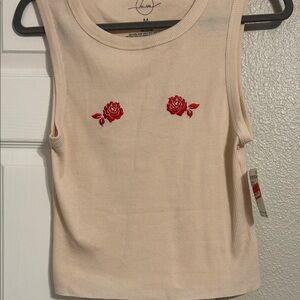 Cream Sleeveless Top with Red Rose Embroidery